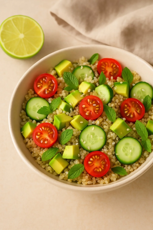 Insalata di quinoa, avocado e cetriolo con menta e lime